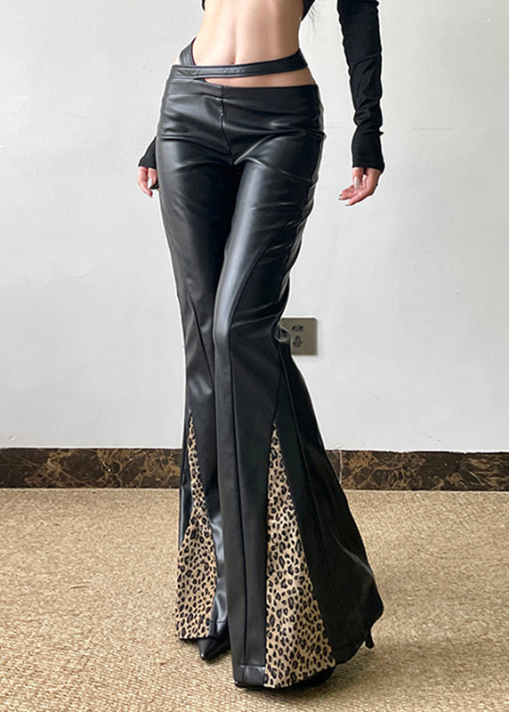 Black Asymmetrical Leopard Patchwork Pu Pants Spring
