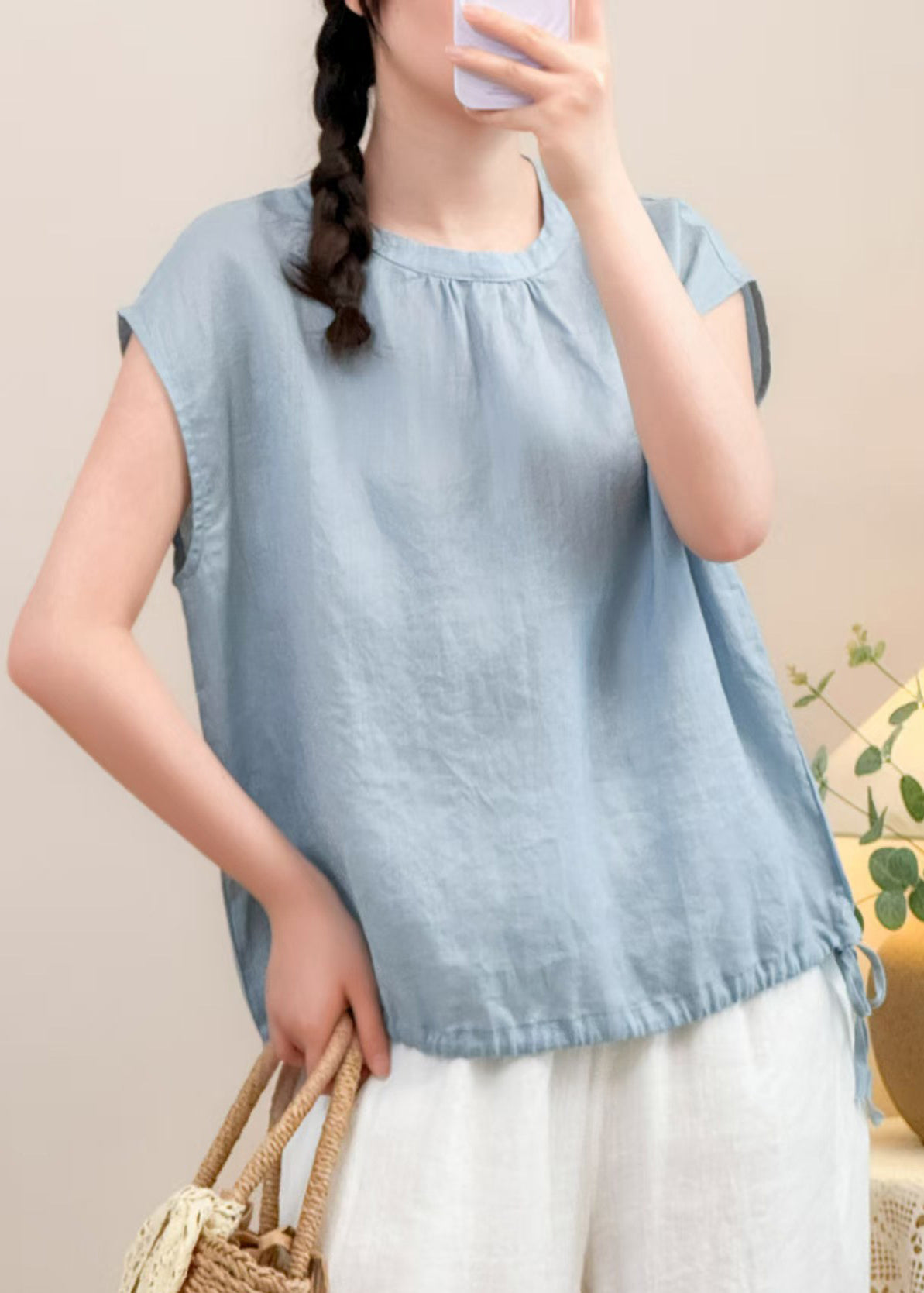 Blue Button Lace Up Linen Shirts Summer