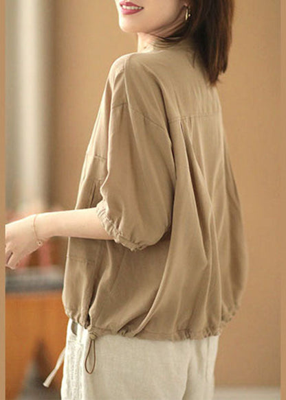 Khaki Stand Collar Drawstring Button Silk Shirt Top Bracelet Sleeve