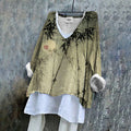 Comstylish Vintage Bamboo Leaf V Neck Linen Blend Shirt