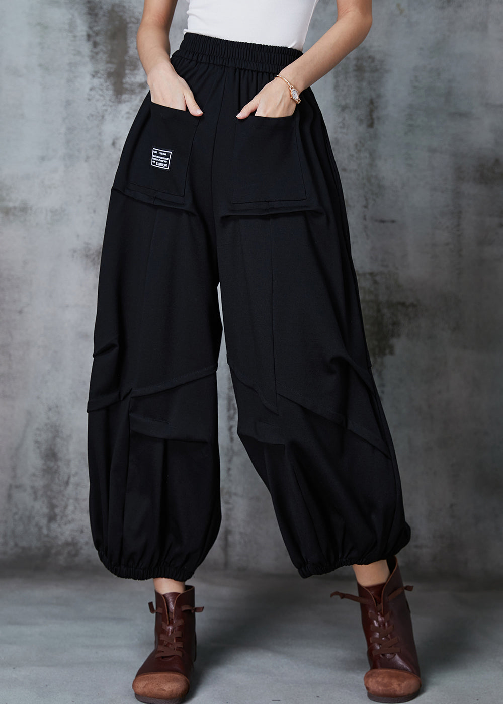 Black Oversized Wrinkled Cotton Harem Pants Spring