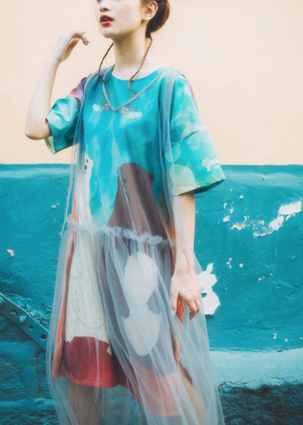 Blue Print O-neck Animal Summer Dresses Short Sleeve