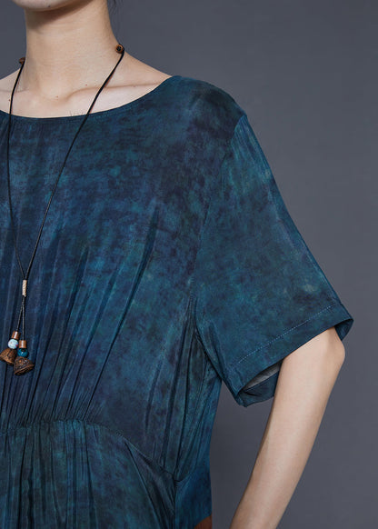 Natural Navy Oversized Print Silk Ankle Dress Summer