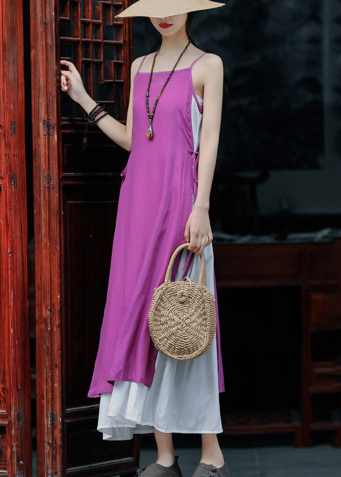 Violet Tie Waist Cotton Fake Two Piece Spaghetti Strap Dress Summer
