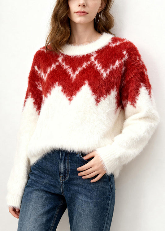 White Red Patchwork O-neck Print Cotton Knitted Sweater Long Sleeve