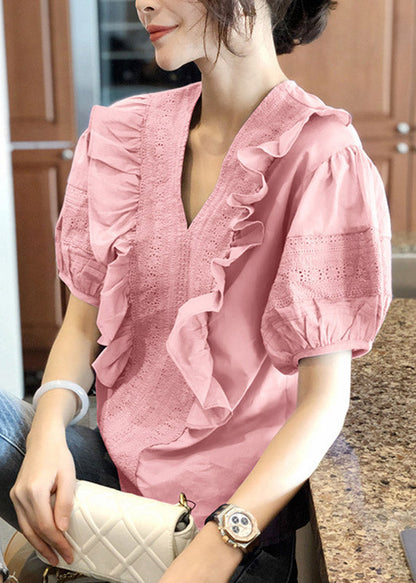 Pink V Neck Ruffled Top Short Sleeve