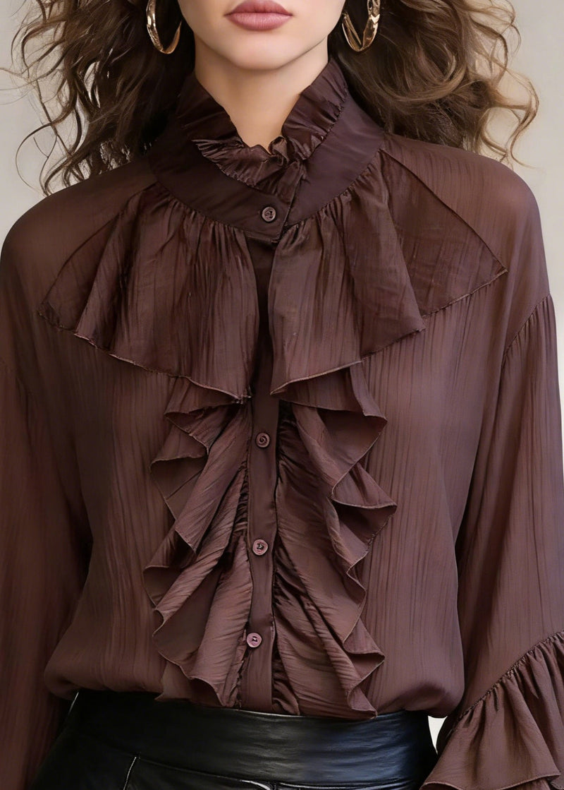 Coffee Wrinkled Button Cotton Shirt Stand Collar Spring