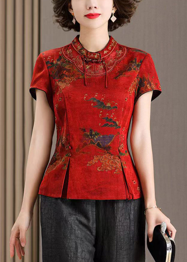 Red Stand Collar Print Side Cpen Silk T Shirt Summer