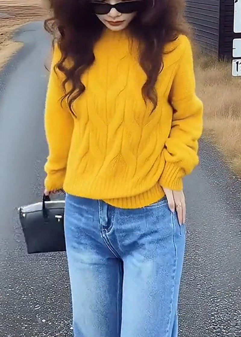 Simple Yellow Stand Collar Cable Knit Short Sweater Spring