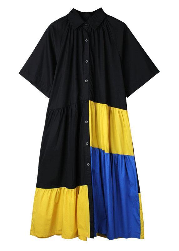 Art Black Patchwork Peterpan Collar Button Summer Cotton Dress Half Sleeve