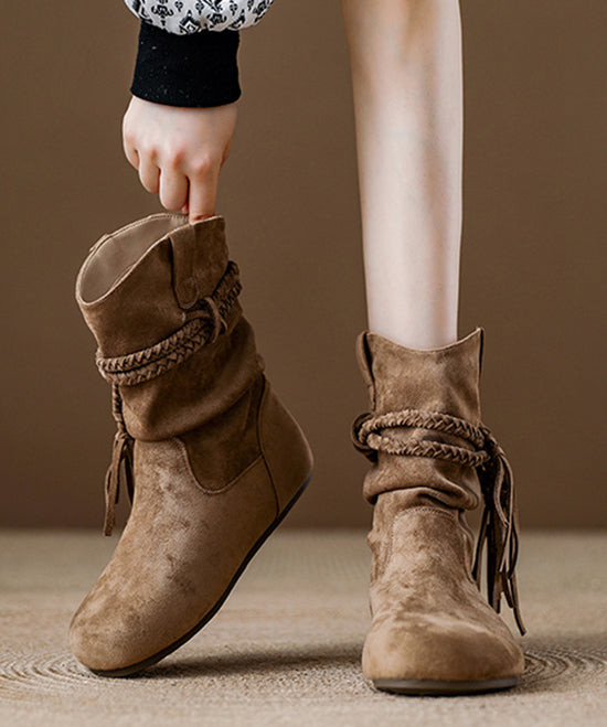 Khaki Tassel Wrinkled Splicing Suede Boots