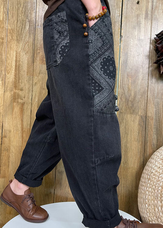 Style Black Button Patch Applique Denim Pants Spring