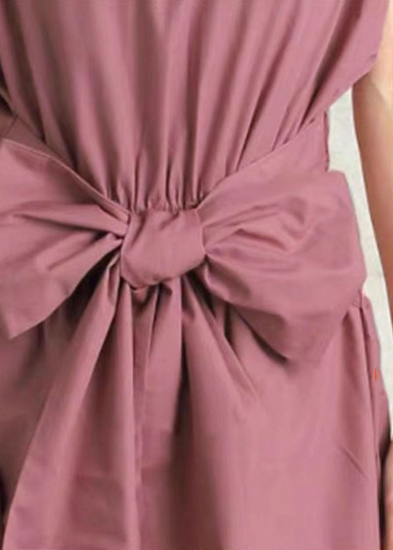 Pink Bow Wrinkled Patchwork Cotton Dress Summer