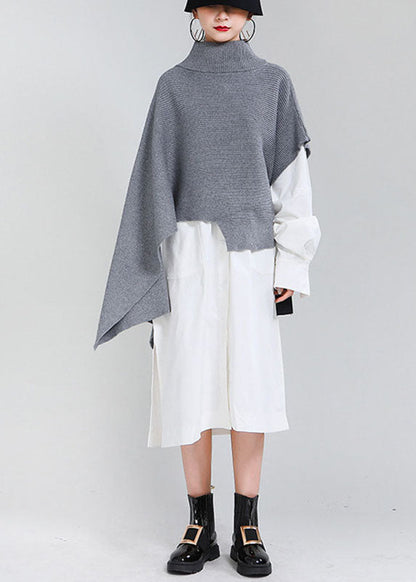 Simple Grey Asymmetrical Design Street Wear Fall Knit Sweater