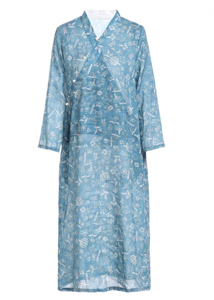 French Blue Print Patchwork Button Summer Ramie Sundress