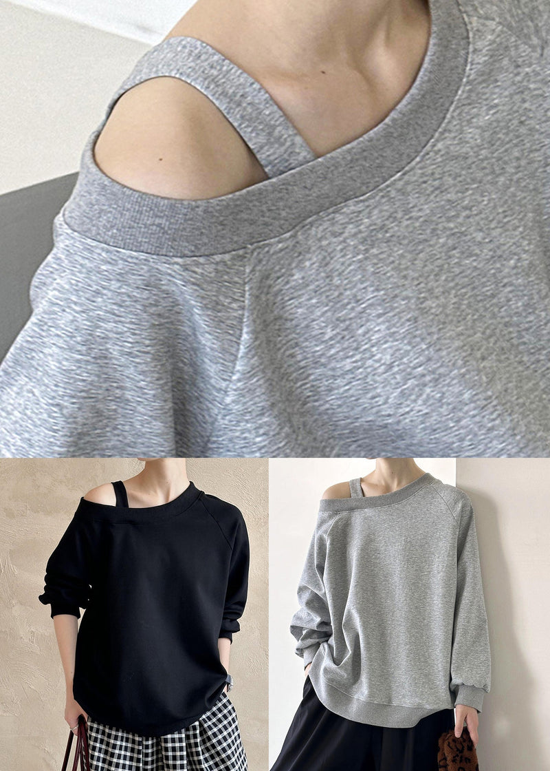 Grey Cotton Top Asymmetrical Long Sleeve
