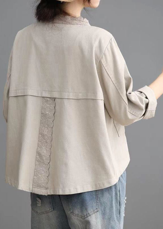 Loose Beige Retro Denim Pockets Coats Fall