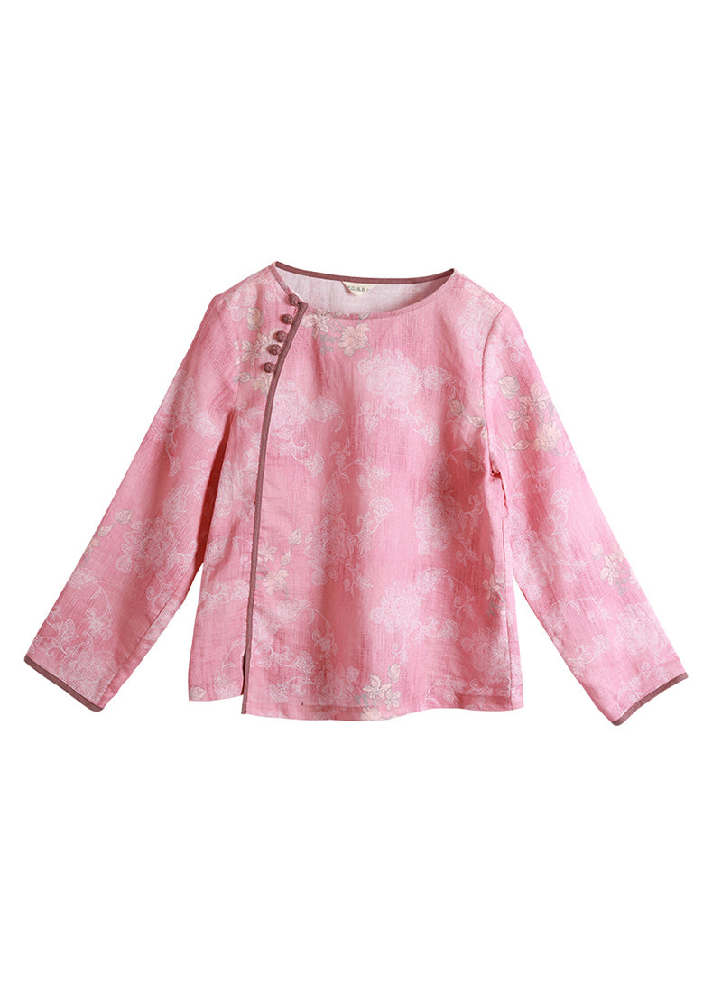 Pink O-neck Button Print Linen Tops Long Sleeve
