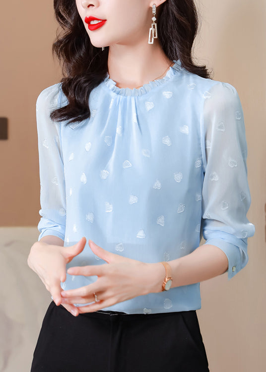 Blue Ruffled Draping Chiffon Shirt Top Spring