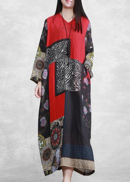 V Neck Long Sleeve Spring Tunic Pattern Outfits Print Kaftan Dresses