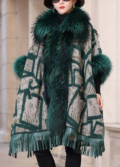 Green Fox Collar Pockets Leather and Fur Coat Long Sleeve