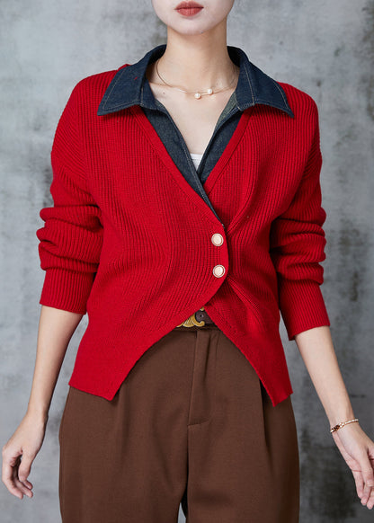 Boutique Red Peter Pan Collar Patchwork Knit Fake Two Piece Pullover Winter