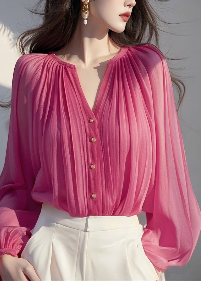 Rose Wrinkled Chiffon Shirt Lantern Sleeve