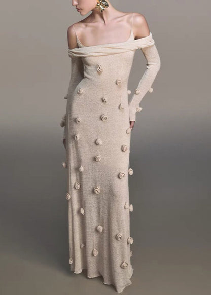 Novelty Beige Slash Neck Knit Maxi Dresses Fall