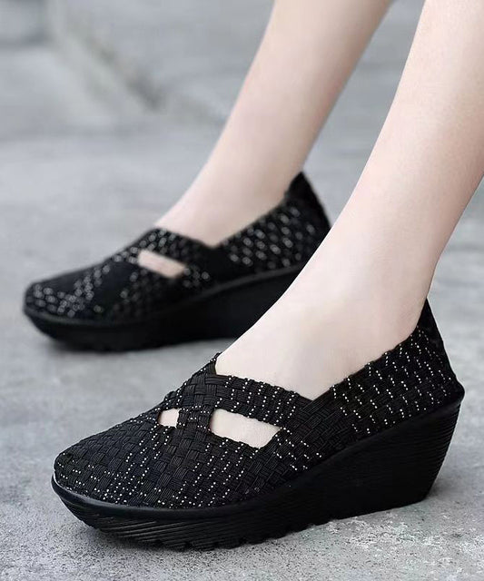 Knit Fabric Black Handmade Comfortable Splicing Wedge Heels Soofairy Shoes-20251