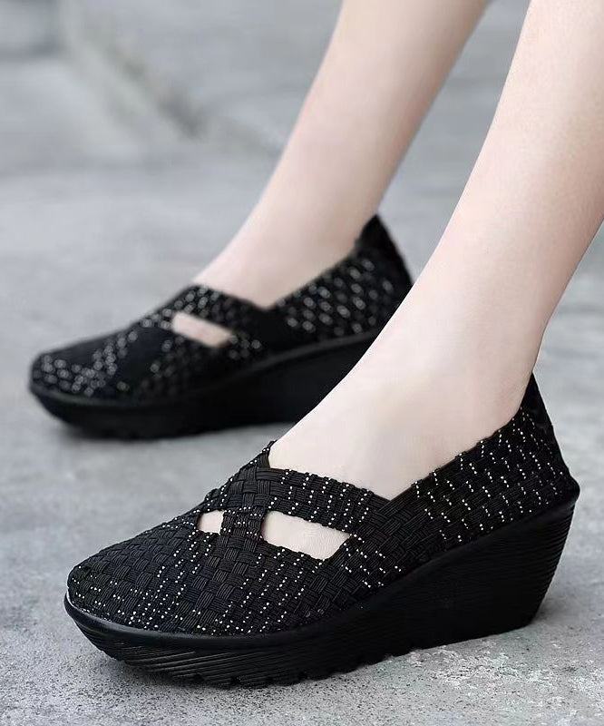 Knit Fabric Black Handmade Comfortable Splicing Wedge Heels Soofairy Shoes-20251
