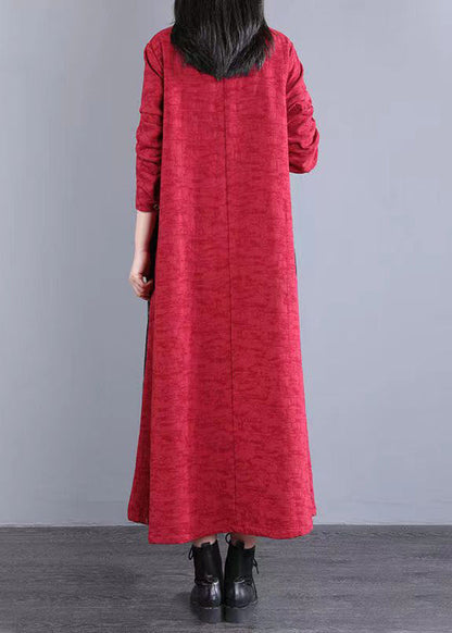 Red Print Pockets Patchwork Cotton Long Dress Button Fall