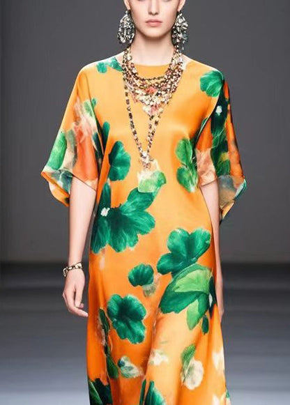 Orange Oversized Print Silk Maxi Dress Summer