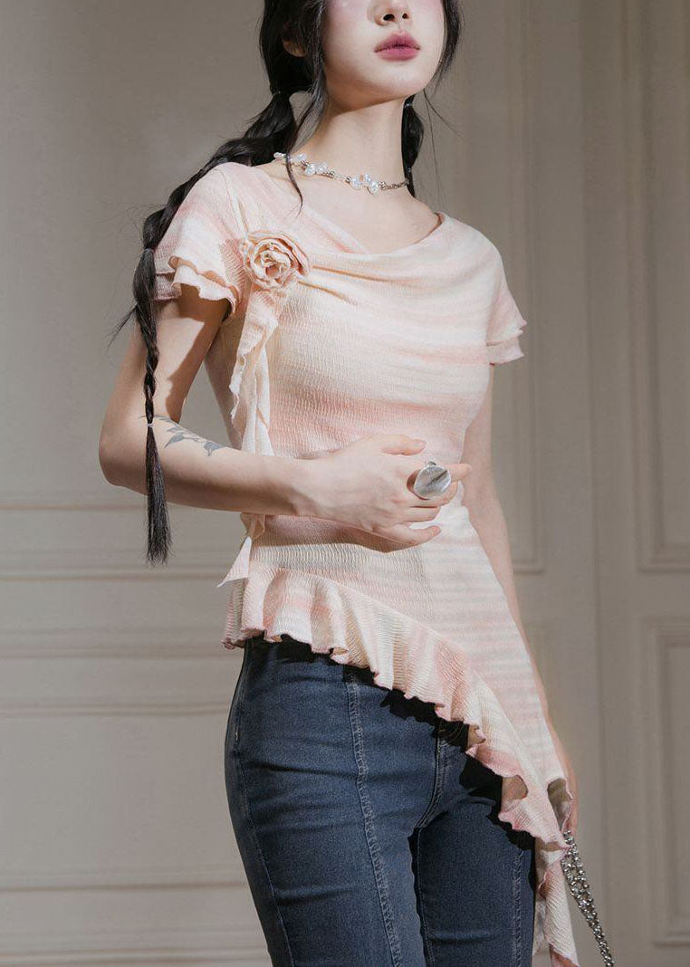 New Pink Asymmetrical Ruffled Cotton T Shirts Summer