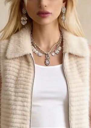 Khaki Peter Pan Collar Faux Mink Hair Vests Winter