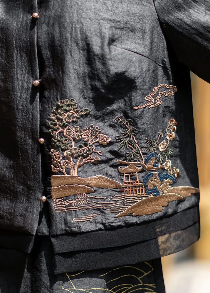Chinese Style Black Button Embroideried Stand Collar Silk Coats Half Sleeve