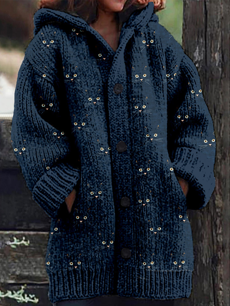 Cute Cat Face Pattern Cozy Hooded Knit Cardigan elevenforest