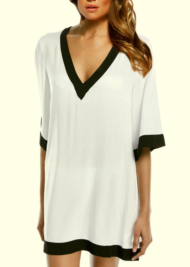 Classy White Patchwork V Neck Sandy Beach Summer Dress