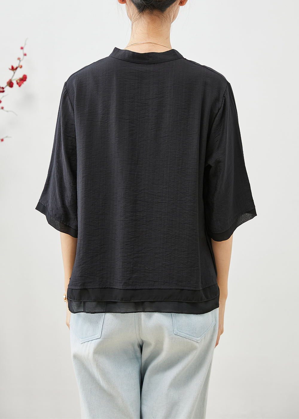 Black Embroideried Patchwork Linen Shirt Top Half Sleeve