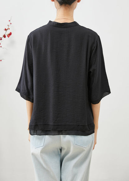 Black Embroideried Patchwork Linen Shirt Top Half Sleeve