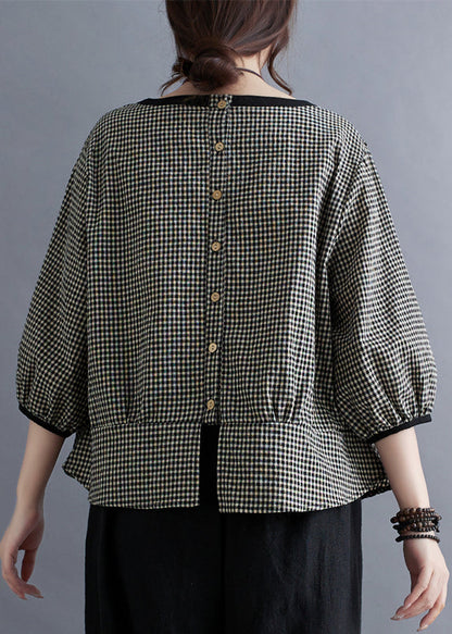 Handmade Grey Square Collar Plaid Linen Shirt Tops Lantern Sleeve
