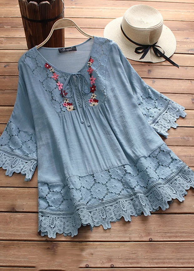 Apricot O Neck Patchwork Lace T Shirt Summer