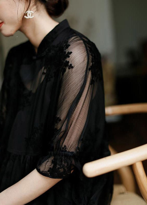 Natural Black Stand Collar Embroideried Button Tulle Long Dress Half Sleeve Summer