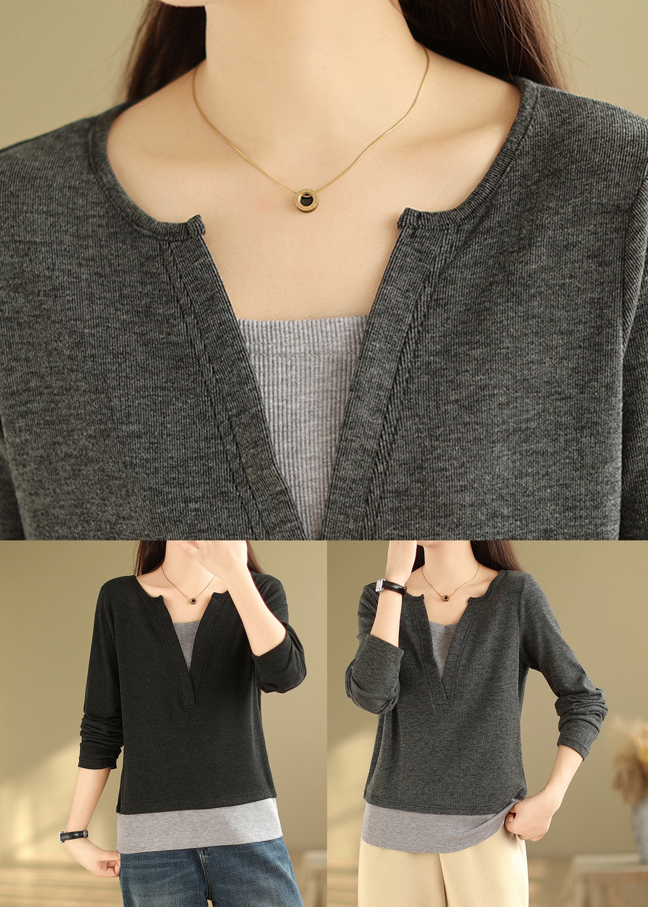 Black Patchwork Versatile Cotton T Shirts V Neck False Two Pieces Fall