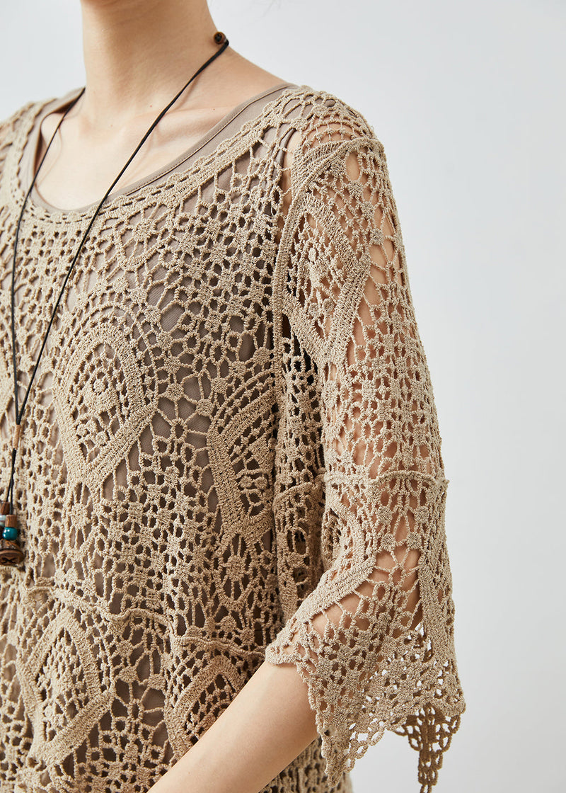 Khaki Lace Patchwork Tulle Fake Two Piece Dresses Summer