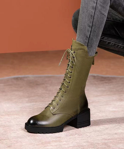 Splicing Chunky Boots Green Cowhide Leather Lace Up