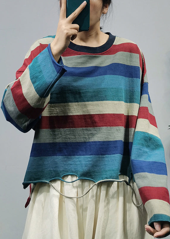 Stylish O-neck Asymmetrical Hole Striped Cotton Top Long Sleeve