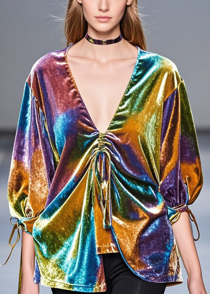 Multicolour Asymmetrical Drawstring Silk Velour Shirt Top Fall
