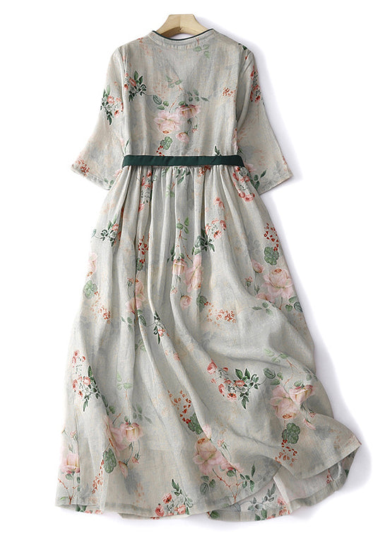 Green Button Print Lace Up Cotton Dresses Summer