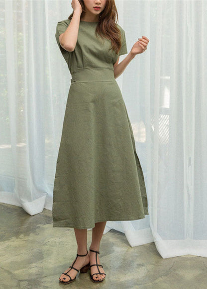 Green Cotton Cinch Dresses Side Open Exra Large Hem Summer