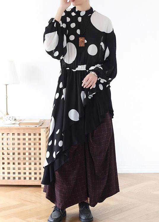 Spring Summer Black and White Dot Irregular Chiffon Top